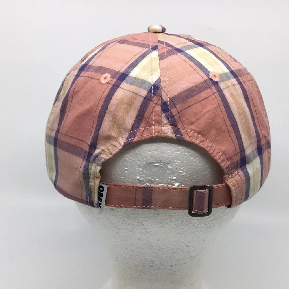 Obey Madras Salmon Pink Plaid Cotton Lightweight Baseball Hat Cap